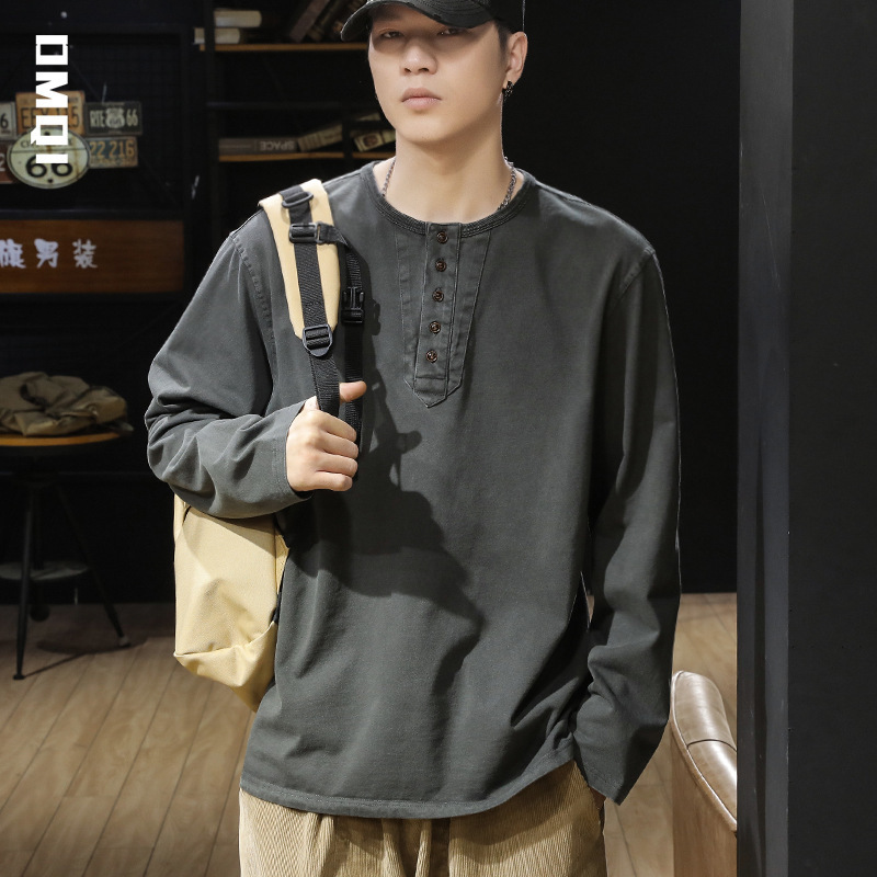 330g Heavyweight Long-Sleeved T-Shirt Men's Autum Large Size Trbottomy Brand American Loose Casual Henry Collar Bottoming Shirt Trbottomy