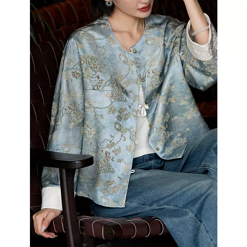 38姆米重工桑蚕丝真丝外套女秋25新中式复古国风提花长袖上衣开衫