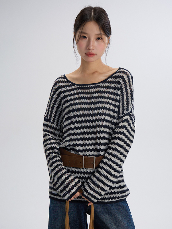 【欧凡】黑白条纹长袖针织毛衣女2025秋季新款时尚松弛感上衣3126|undefined