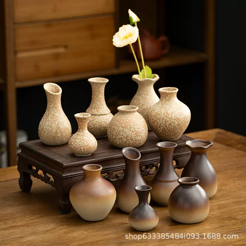 侘寂粗陶迷你小陶瓷花瓶复古新中式陶罐水养水培插鲜花装饰品摆件