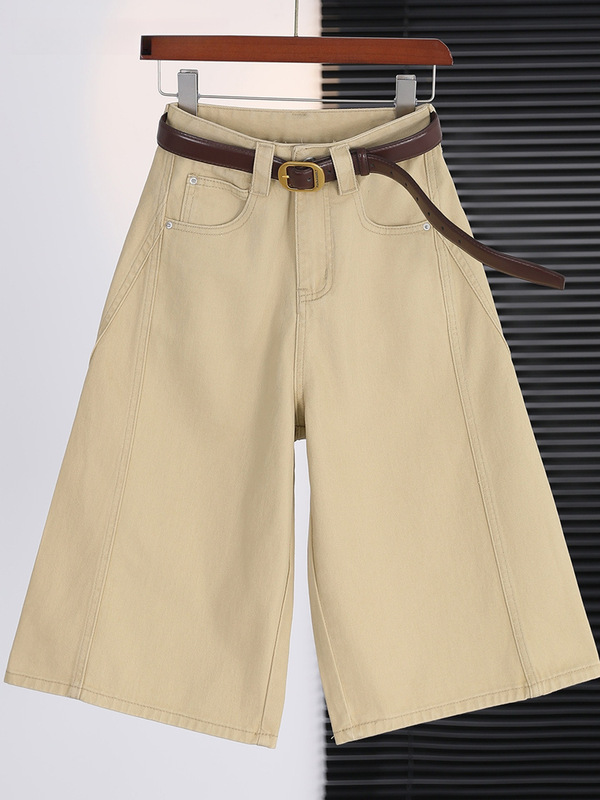 Khaki Color Cropped Denim Shorts for Women, Summer 2026 New Style, Slimming 7/8 Length Casual Straight Wide-Leg Pants Khaki Color Cropped Denim Shorts for Women, Summer 2026 New Style, Slimming 7/8 Length Casual Straight Wide-Leg Pants