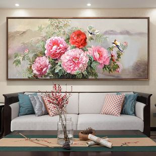 Hand-Painted Oil Painting Living Room Decoration Painting Sofa Background Wall Hanging Painting Bedroom Bedside Mural Chinese Peony Flower and Bird Hanging Painting