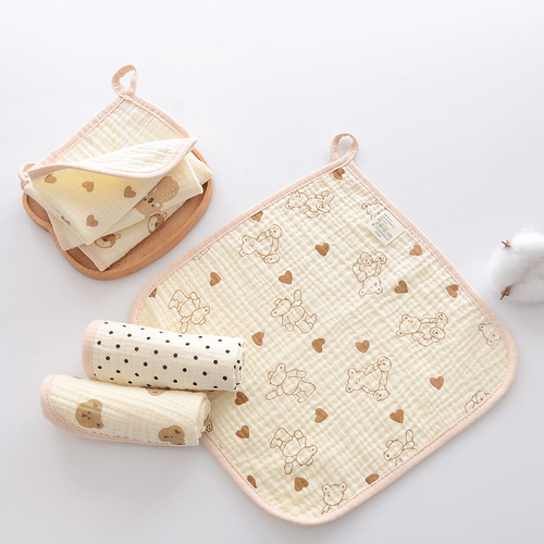Baby saliva towel 4-layer crepe pure cotton small square towel hangable baby face towel absorbent soft saliva towel