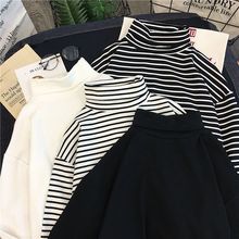 新款内搭洋气高领条纹加绒打底衫女秋冬季长袖秋衣恤女上衣服潮