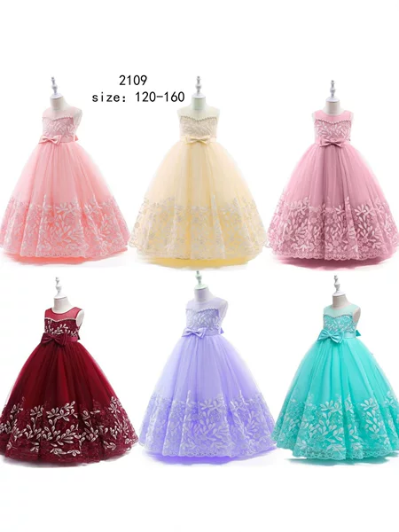 Cross-border children's long princess dress, girls' runway evening dress, embroidered piano performance dress, stylish flower girl dress