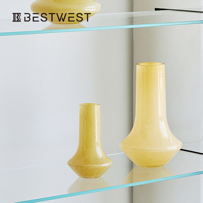 博西家居 奶黄色中古风长颈玉质玻璃花瓶 ins软装高级感家居摆件