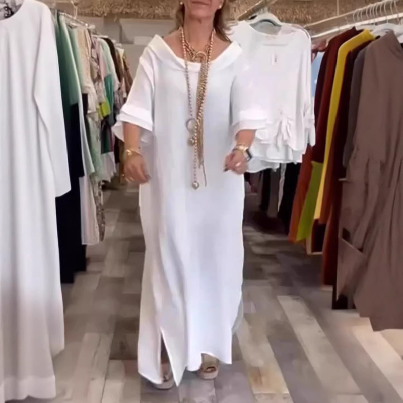 2024 European and American Cotton and Linen Women's Summer Casual Dress with Side Slits, Solid Color, with Pockets, Long Dress, Linen Maxi Dress 2024 European and American Cotton and Linen Women's Summer Casual Dress with Side Slits, Solid Color, with Pockets, Long Dress, Linen Maxi Dress