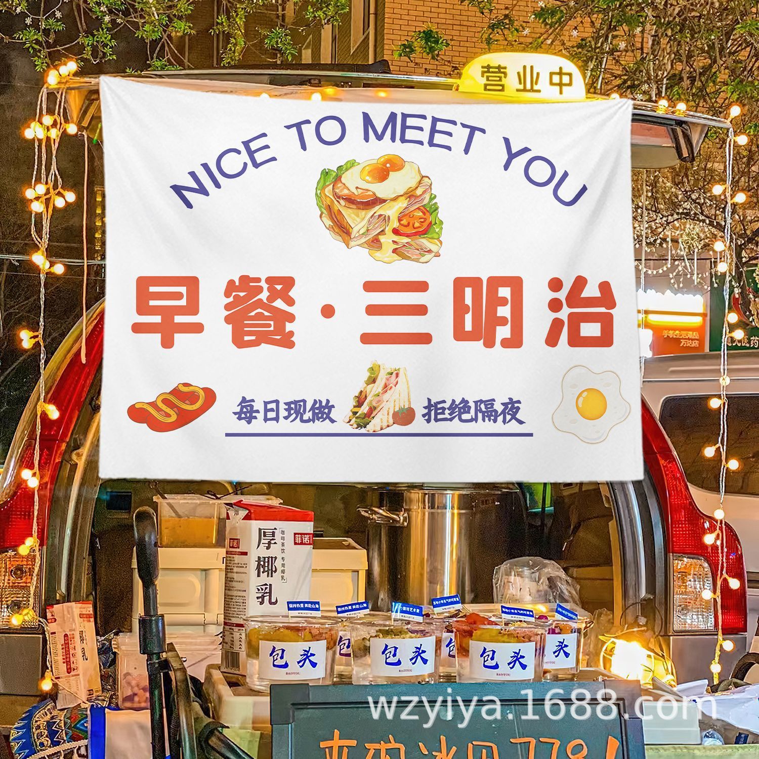 Sándwich puestos de tela gourmet mercado nocturno puestos de tela colgante