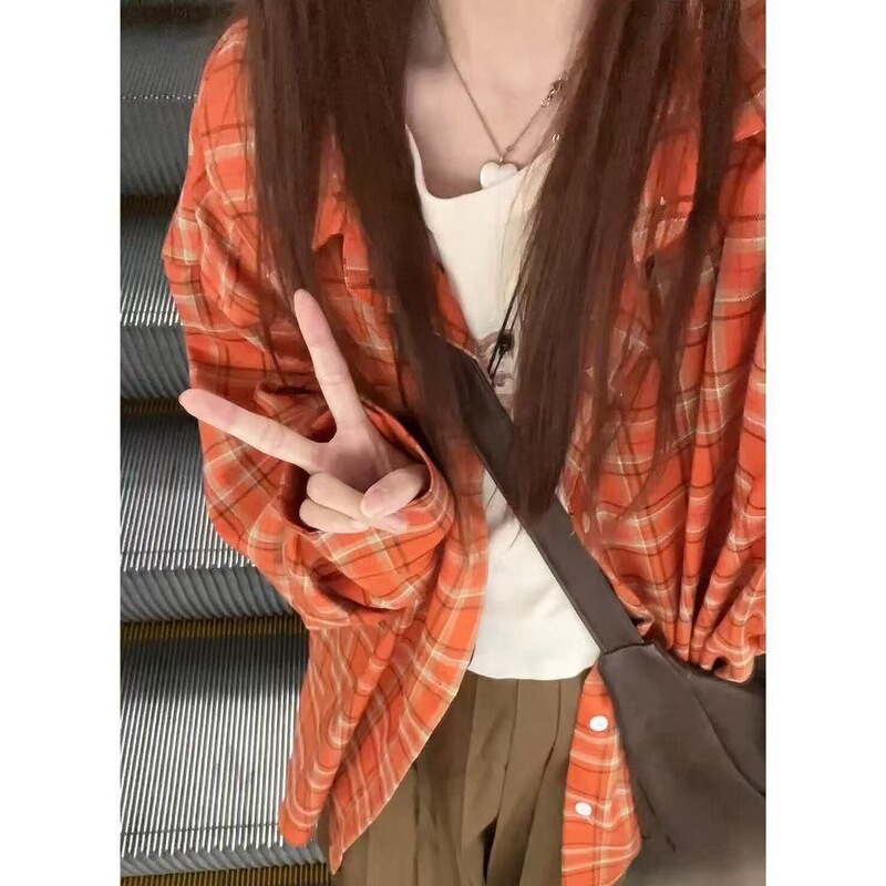 American-Style Trendy Retro Plaid Thin Long-Sleeve Shirt for Women, Spring and Autumn 2025 New Design, Layered Loose Jacket