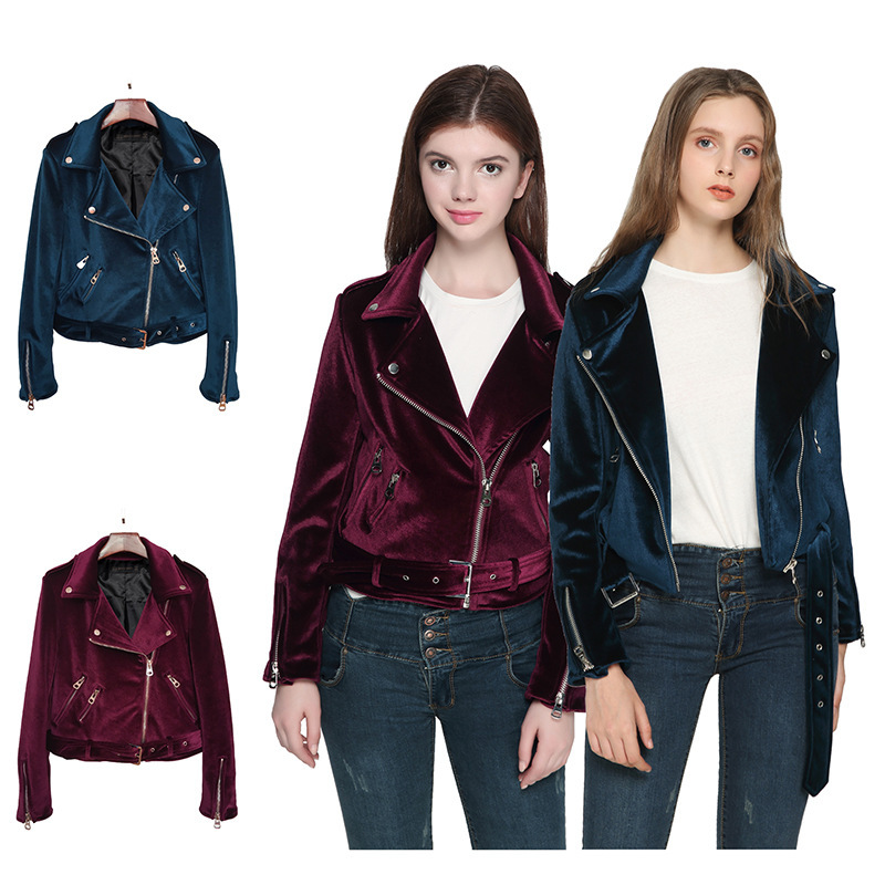 Cross-Border Women's Clothing Wholesale European and American Retro Velvet Short Jacket Jacket Zipper Lapel Leather Jacket Foreign Trade Hot Fashion