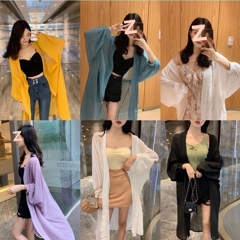 2025夏季新款泡泡袖防晒衣衫外套宽松度假中长款雪纺开衫上衣女装