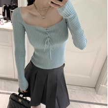 纯欲甜美仿兔绒绑带针织衫女2025年秋冬季冰蓝色方领修身显瘦上衣