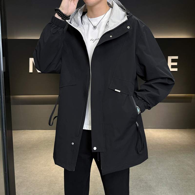 Trendy Men's Spring and Autumn Loose Mid-Length Hooded Tops, Versatile Plus-Size Jackets, Youth Casual Trench Coat