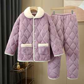 女士冬季三层加厚夹棉珊瑚绒法兰绒少女秋保暖家居服特厚棉睡衣