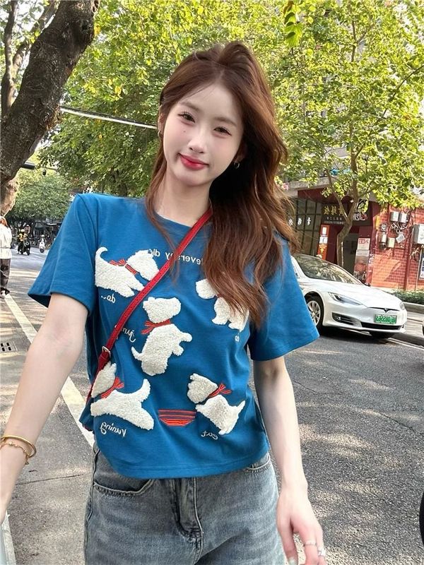 正肩短袖T恤女2025新款夏季美式复古减龄设计感毛巾绣小狗上衣女|undefined