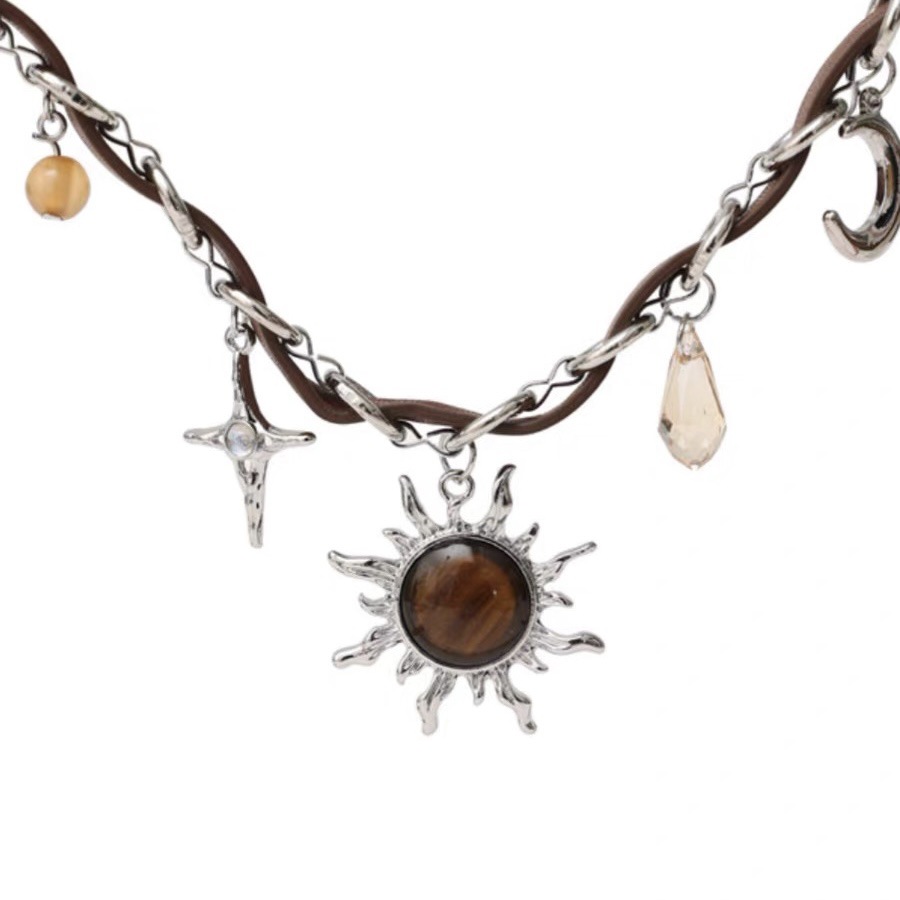 Sun, Star, Moon Pattern Unisex Gender Simple Style Sun Star Moon Artificial Gemstones Pu Leather Titanium Steel Choker Wholesale