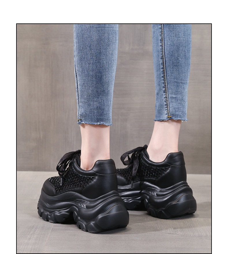 Giày sneaker chunky nữ đế dày lưới thoáng khí tăng chiều cao đính đá — Màu đen chi tiết 13