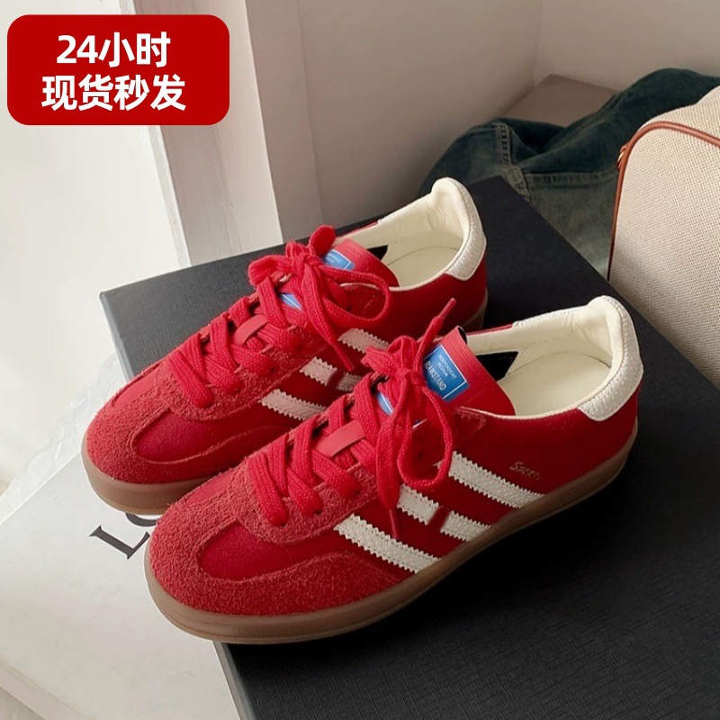 2025 새로운 빈티지 라운드 토 스트라이프 레이스 업 정품 가죽 레드 트레이닝 슈즈 여성 플랫 캐주얼 스포츠 포레스트 검프 스니커즈