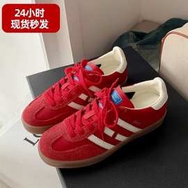 2025新款复古圆头条纹系带真皮红色德训鞋女平底休闲运动阿甘板鞋