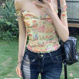 法式油画感小碎花领网纱上衣女夏季多巴胺色系修身显瘦纯欲上衣