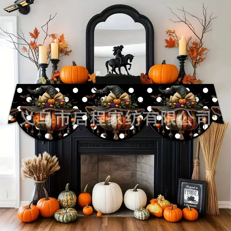 壁炉巾万圣节主题壁炉架装饰布，多彩南瓜与花卉设计，涤纶短绒材