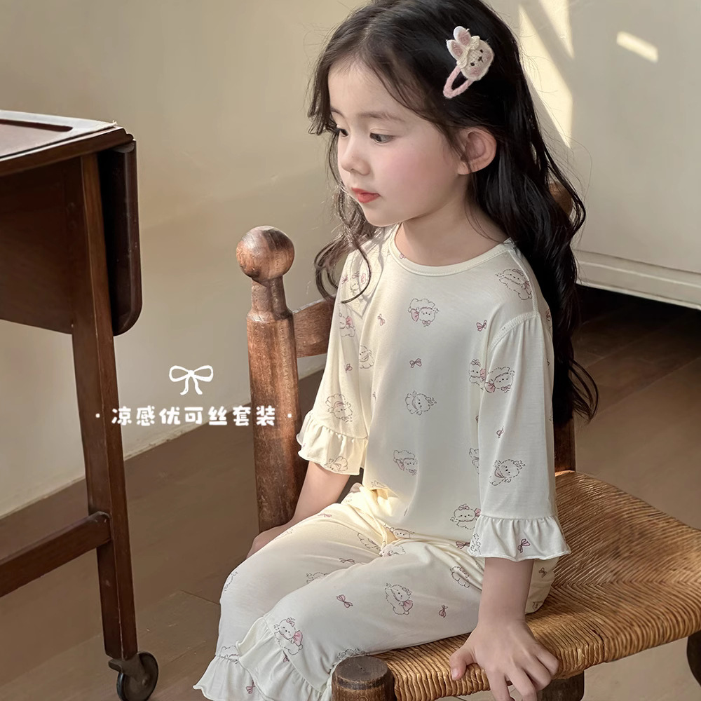 2026 New Style Girls' Pajamas, Summer Cool Children's Air-Conditioning Clothing, Little Girl Princess Style Korean Version Ice Silk Home Set
