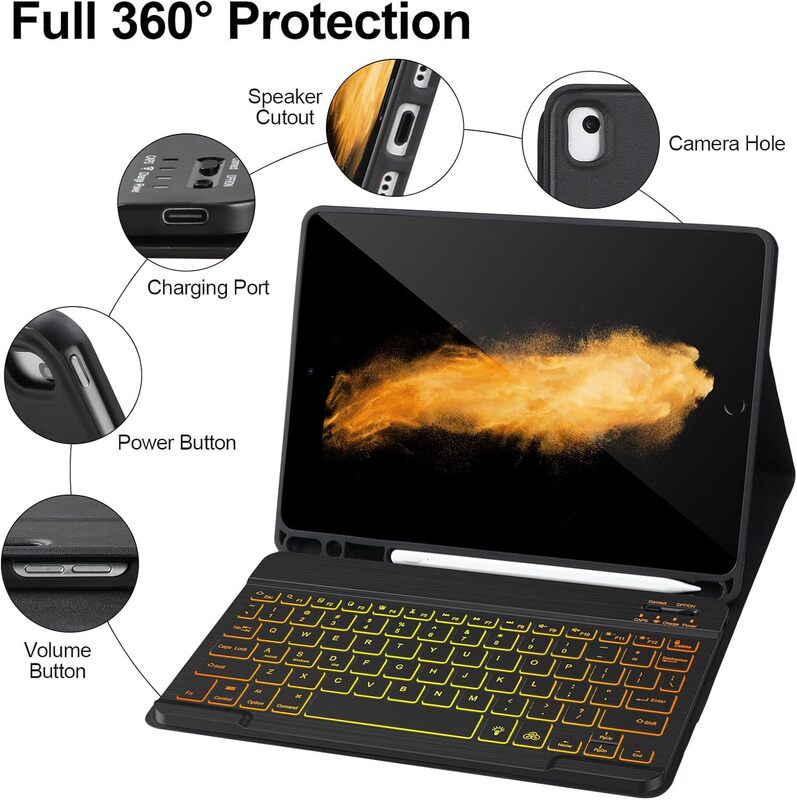 Suitable for iPad Air Bluetooth Keyboard, Tri-Color Backlit Keyboard, Full-Coverage Anti-Drop Tablet Magnetic Keyboard Protective Case