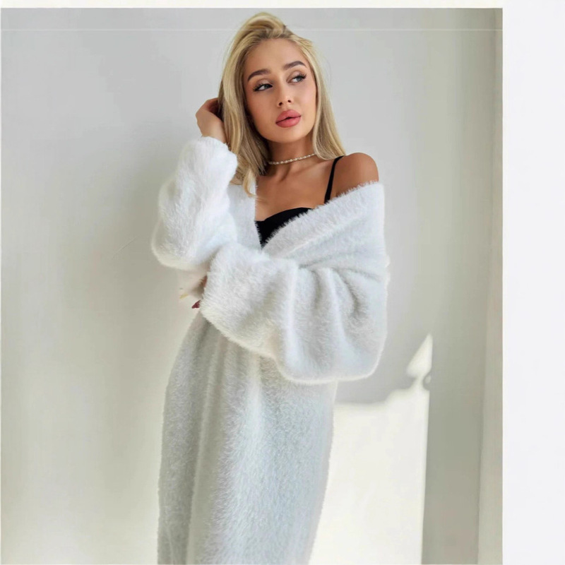 Cross-Border Imitation Mink White Knitwear Cardigan Outwear Women's Autumn and Winter Loose Plush Fluffy Long Cardigan
