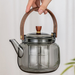 Large-Capacity Home Steam-and-Brew Teapot with Handle, Smoke Gray Color, Wooden Handle, and Glass Design—Starry Sky Style