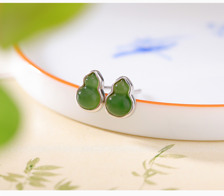 Bông tai bạc S925 mạ vàng đính ngọc bích jasper phong cách retro đơn giản — Kiểu màu bạc chi tiết 4