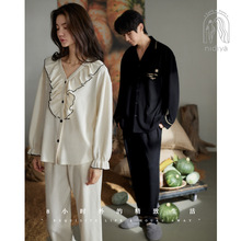 妮狄娅情侣睡衣秋季女纯棉长袖条纹男士简约开衫款春秋家居服套装