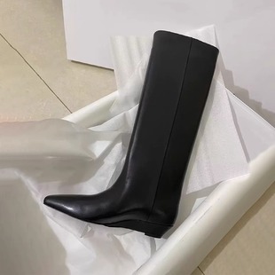 Cowhide version ~ Chubby Girl genuine leather pointed retro high-top Knight boots Women's chunky heel leather heel slimming knee-length boots