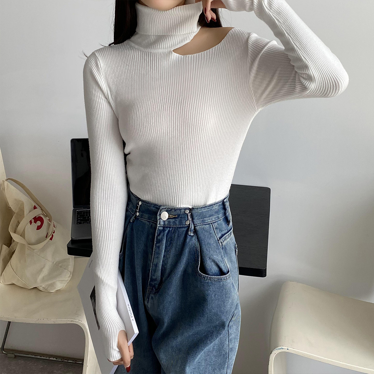 High-Necked Long-Sleeved Hollow Sweater NSFYF85683