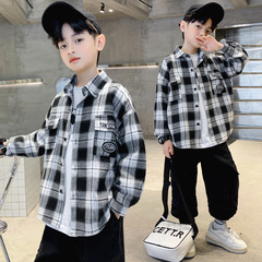 Boys' Shirt 2025 Spring Wear Children's Long Sleeve Medium Size Grid Stylish Spring and Autumn Cotton Shirt Outerwear Trendy Boy