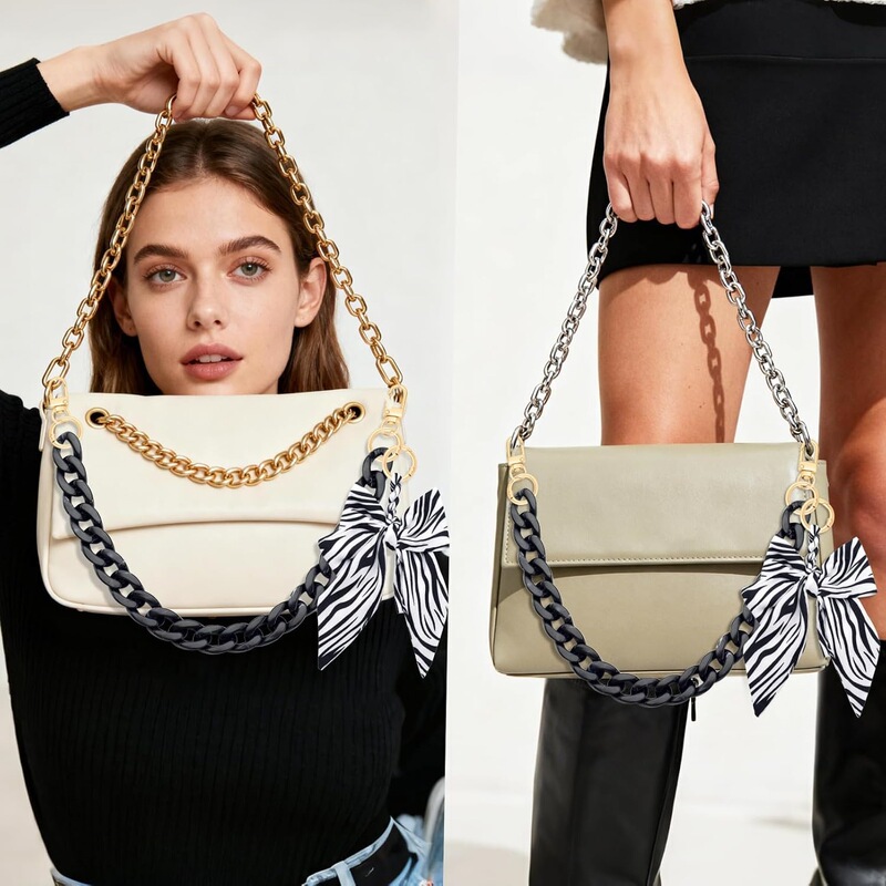 Black wallet chain strap, thick acrylic bag handle shoulder strap replacement, with bow keychain Black wallet chain strap, thick acrylic bag handle shoulder strap replacement, with bow keychain