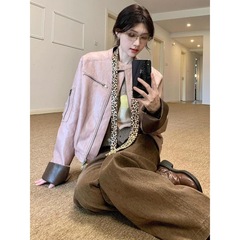 美式复古酷飒风撞色pu皮衣外套女秋季独特超好看廓形休闲夹克上衣