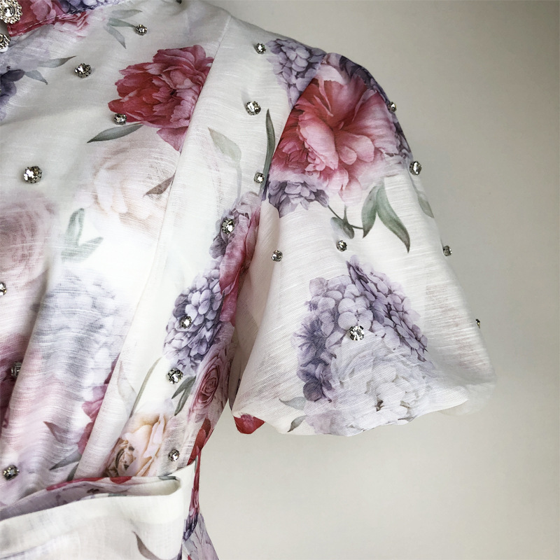 Đầm maxi nữ thắt eo cổ đứng tay lồng đèn đính đá phong cách Pháp — Màu trơn xanh lam, Màu trơn trắng, Hoa xanh da trời, Hoa hồng đậm chi tiết 67