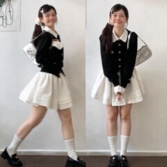 假两件针织开衫连衣裙子女早秋季5新韩系千金小香风穿搭套装
