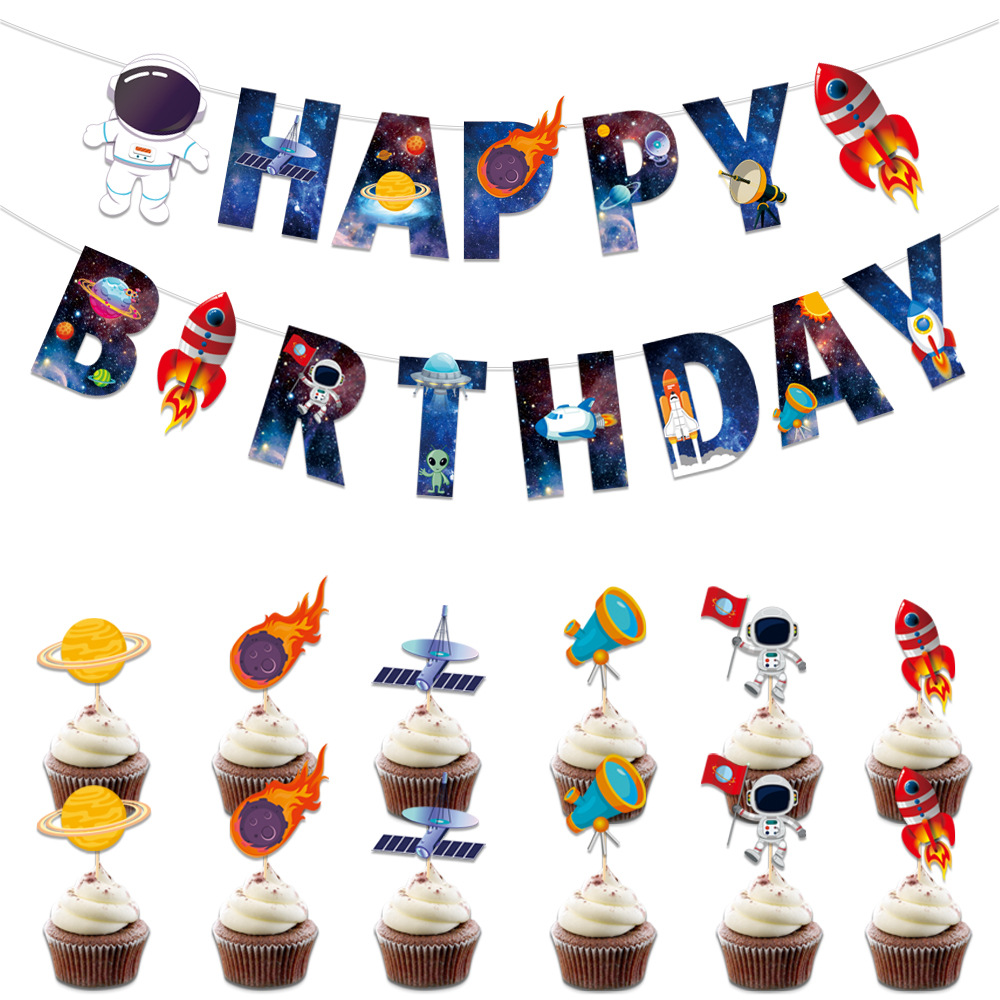 Nuevo espacio planeta tema niños cumpleaños fiesta decoración suministros astronauta universo cumpleaños tire bandera espiral