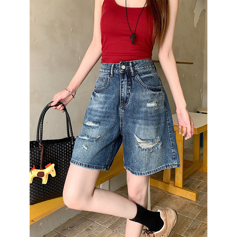 Vintage Ripped Denim Mid-Length Shorts for Women, Summer Thin Plus-Size High-Waisted Slimming Straight Wide-Leg Knee-Length Shorts Vintage Ripped Denim Mid-Length Shorts for Women, Summer Thin Plus-Size High-Waisted Slimming Straight Wide-Leg Knee-Length Shorts