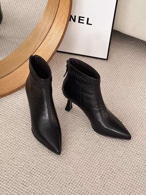 Boot nữ da thật cổ thấp mũi nhọn gót cao 6 cm phong cách công sở — Màu nâu, Màu đen chi tiết 4