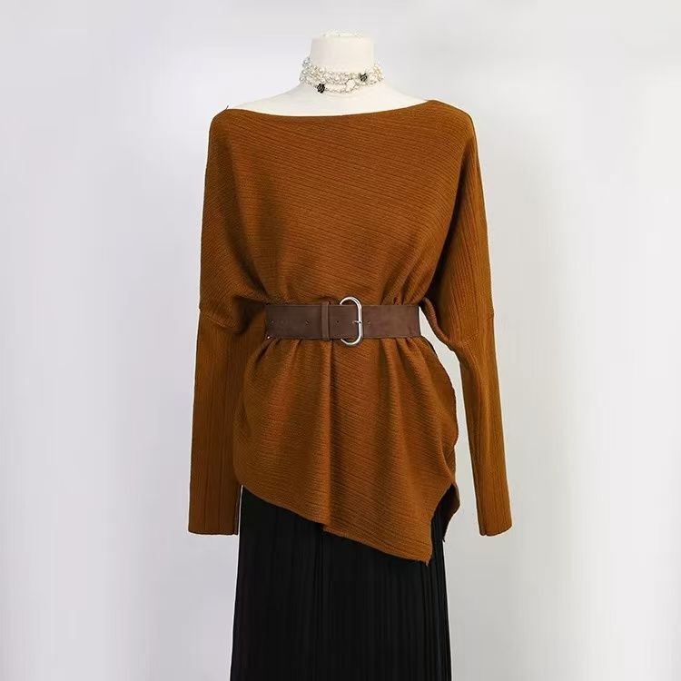 Autumn and Winter Super Nice Tops, High-End Elegant, Versatile, Simple, Asymmetrical Long-Sleeved Knitwears for Women [with Belt]