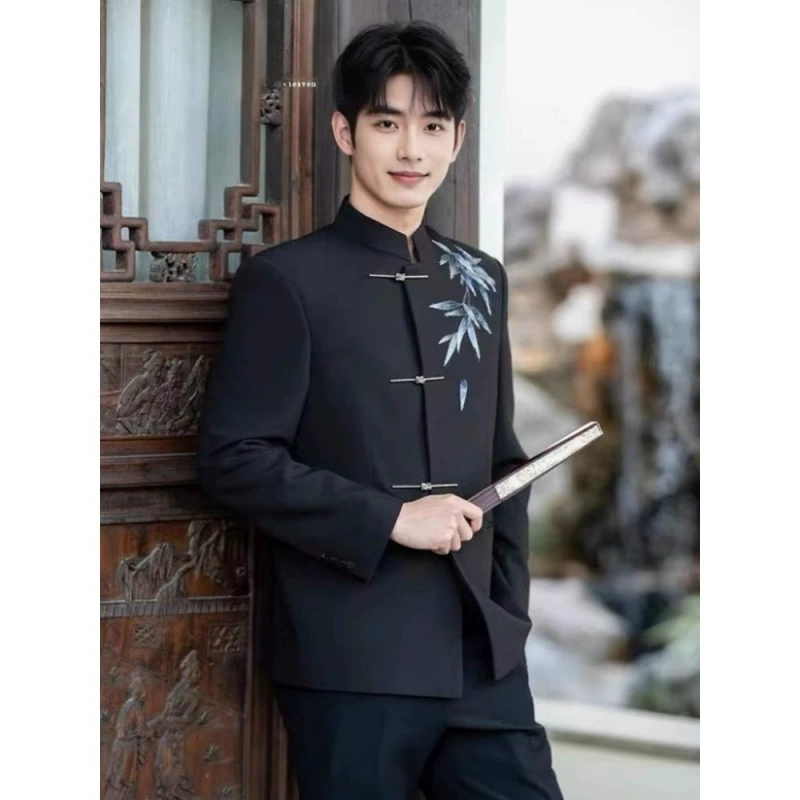 Мужской черный пиджак в китайском стиле с воротником-стойкой и бамбуковой вышивкой для помолвки и свадьбы.