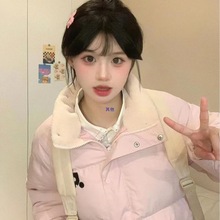 2025新款浅粉色女性棉袄，冬季学生韩版绣花立领加厚羽绒服