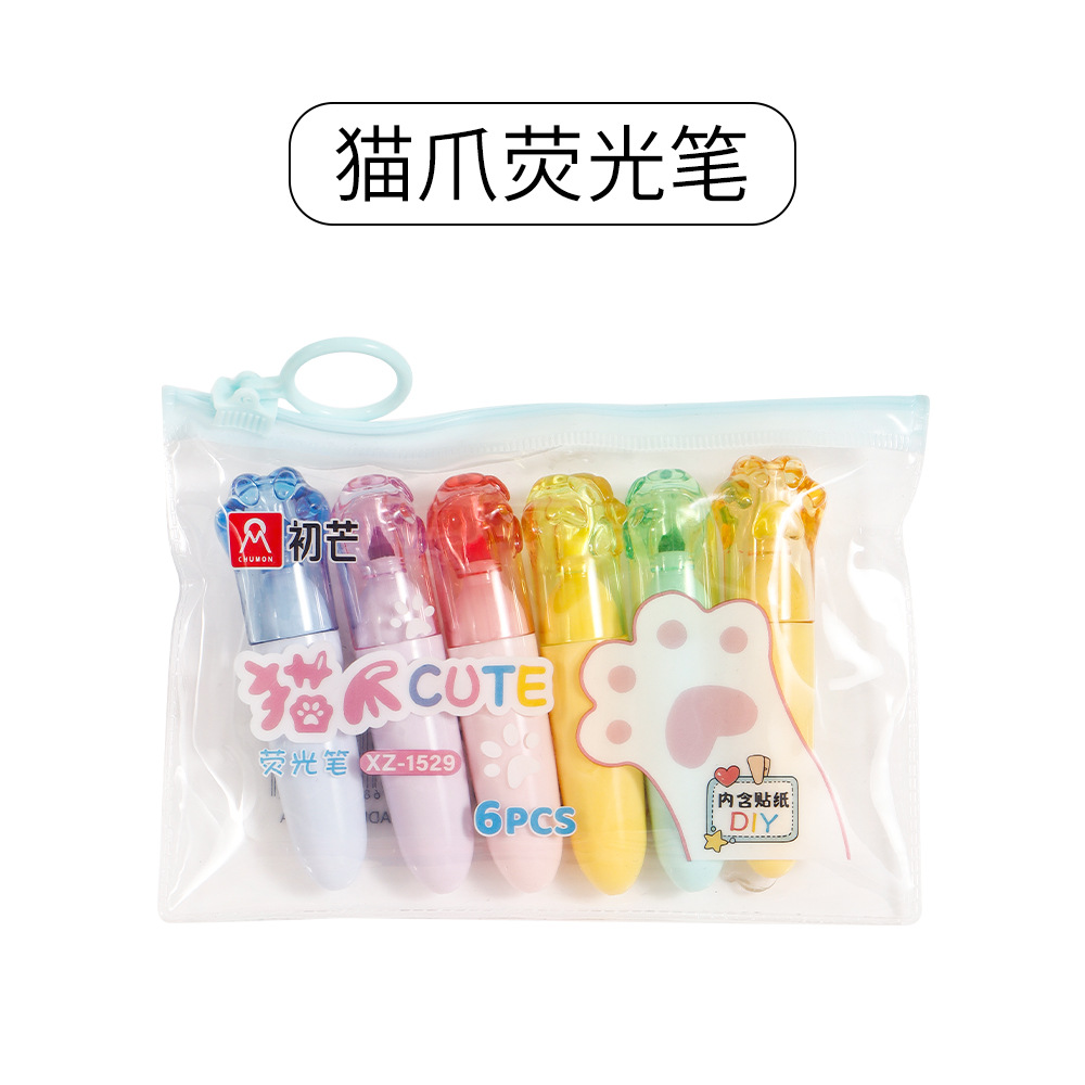 Cat Paw Highlight Pen Set Mini Fluorescent Handbook Pen Set 6 colores pen creativo