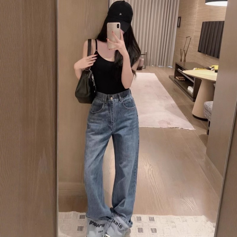 大王复古蓝字母刺绣牛仔裤女春秋新款高腰遮跨直筒休闲百搭阔腿裤|undefined