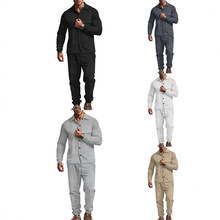 跨境欧美男长袖长裤两件套运动休闲提花西装翻领套装男装秋季新品