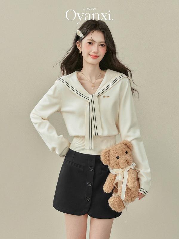 欧阳喜《航海少女》早秋韩系穿搭学院风海军领披肩长袖针织衫上衣|undefined