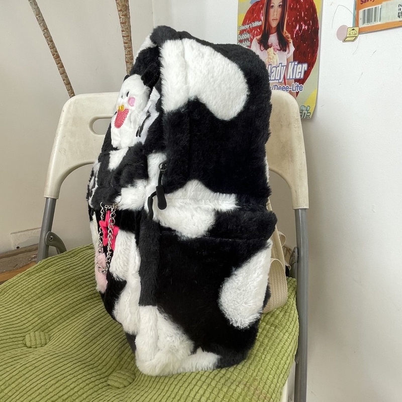 手作りの黒と白のカラーマルチカラーの柔らかいワックスのような犬のスターチェーンぬいぐるみバックパック大容量スクールバッグメンズポリエステル|undefined