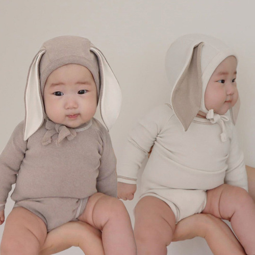 2024 Korean children's clothing bunny ears baby jumpsuit belly protection triangle bag fart clothes baby spring crawl suit suit